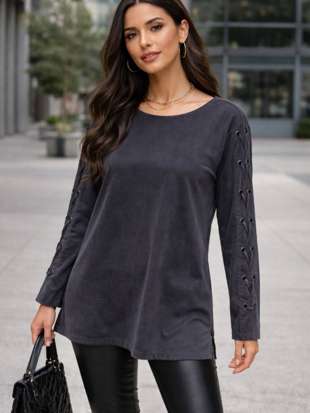 Kendall + Kylie Black Lace-Up Back Top M Tencel Blouse Minimal Chic